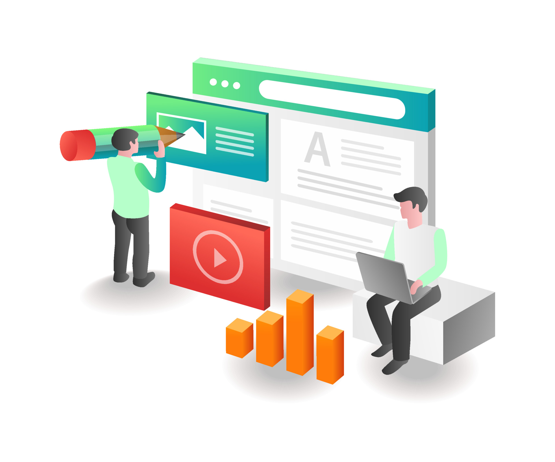 Isometric illustration concept. Creative analysis of web applications and blogs